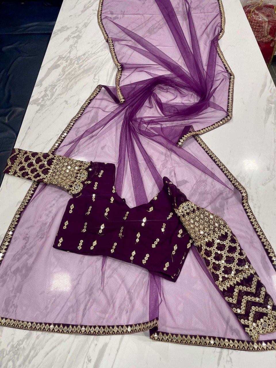 Wine Georgette Lehenga Set with Zari, Sequins & Foil Mirror Work
