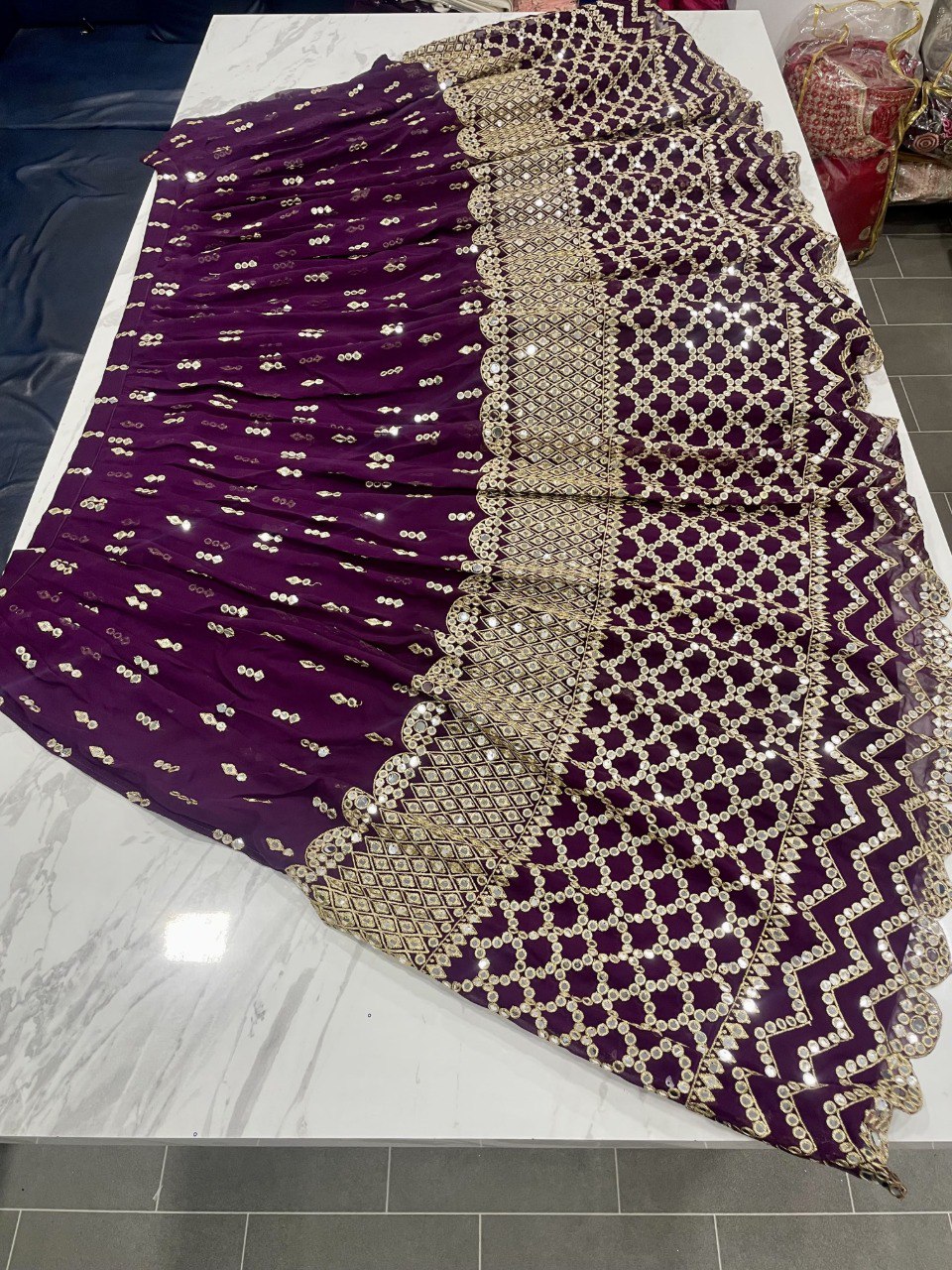 Wine Georgette Lehenga Set with Zari, Sequins & Foil Mirror Work