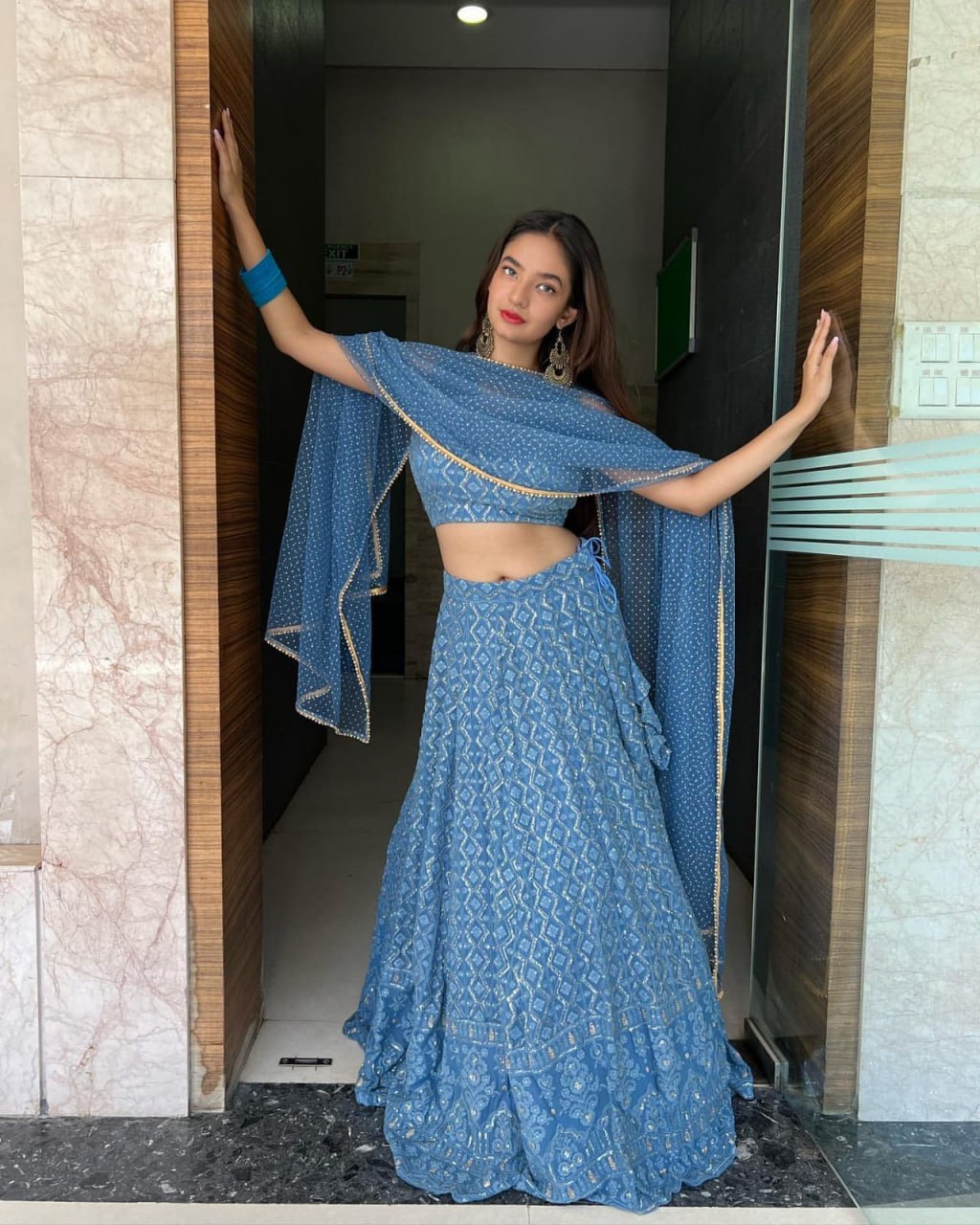 Blue Georgette Lehenga With Resham & Sequin Embroidery