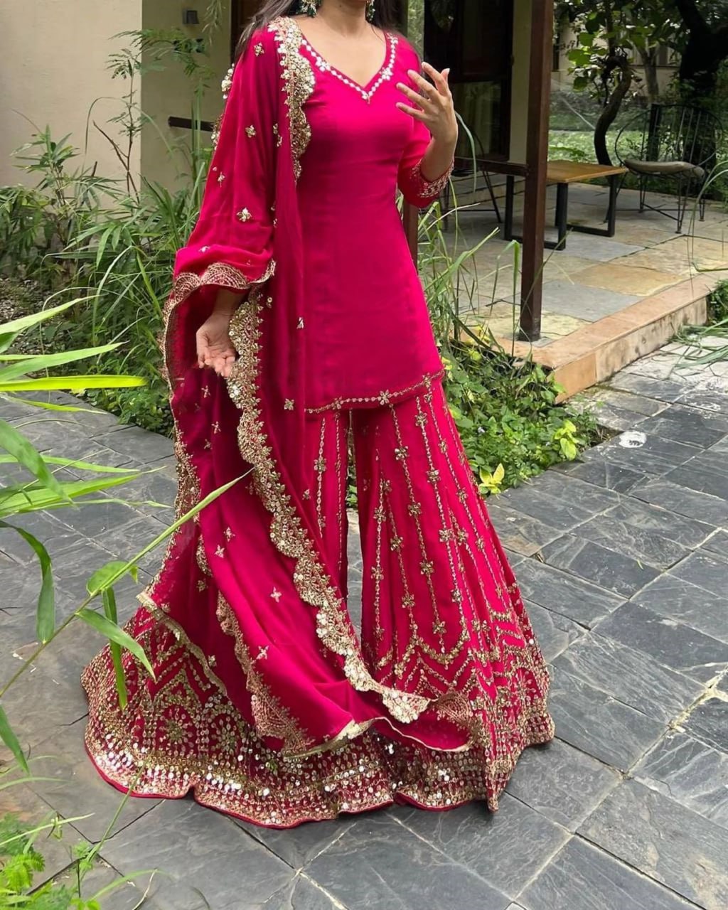 Elegant Pink Georgette Top Sharara Suit Set With Sequins & Zari Work