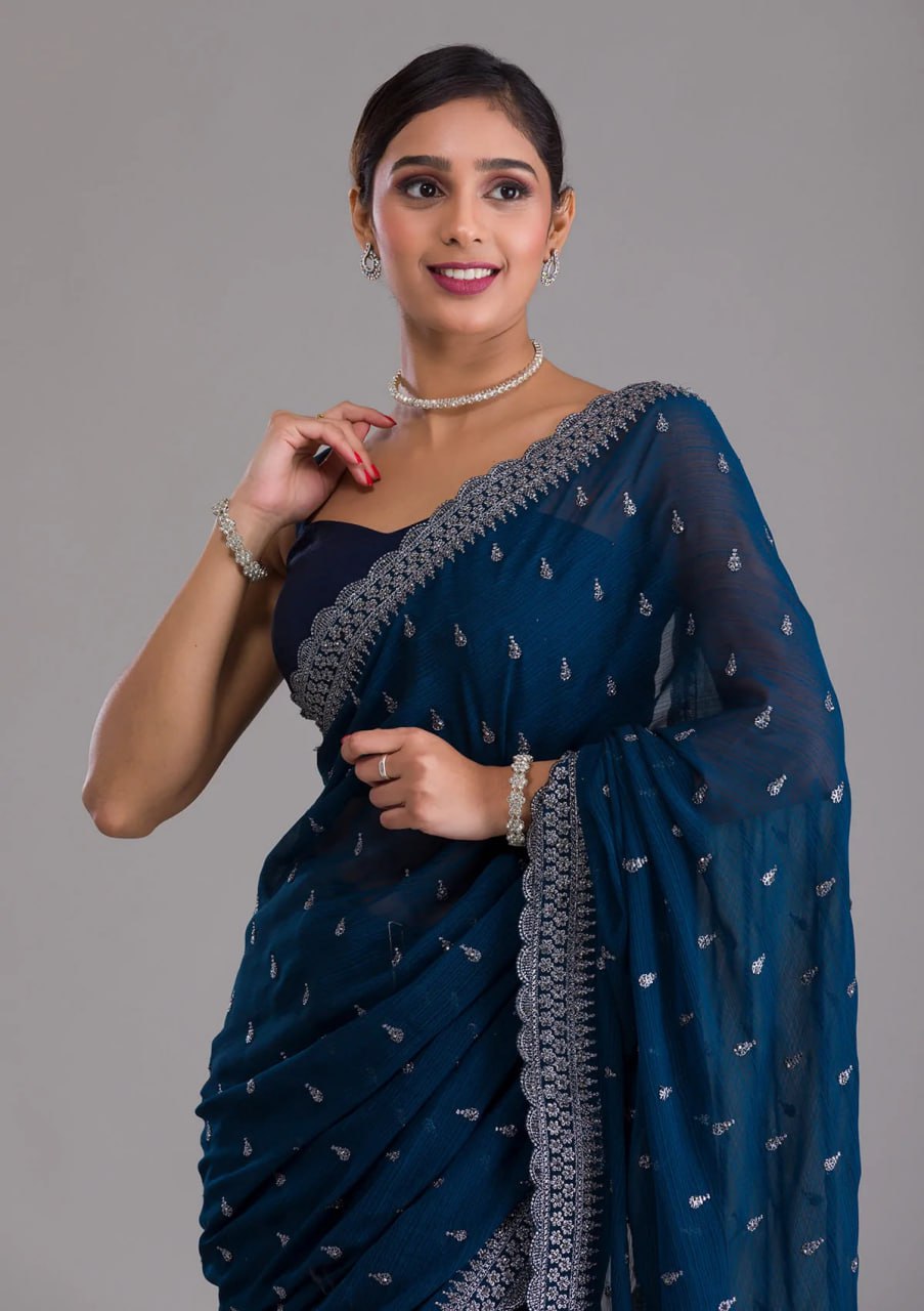 Elegant Blue Chinon Chiffon Saree With Intricate Embroidery