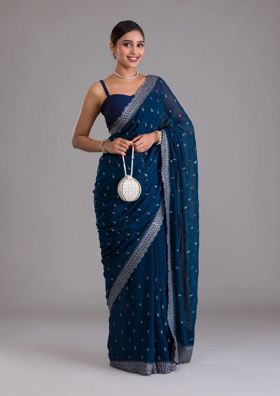 Elegant Blue Chinon Chiffon Saree With Intricate Embroidery