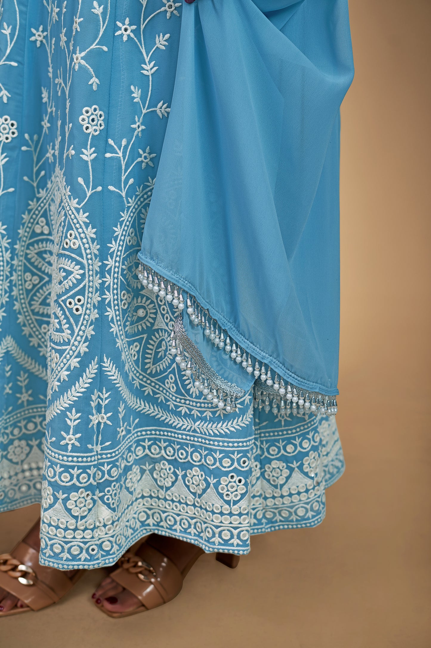 Sky Blue Elegant Georgette Embroidered Anarkali Pant Suit