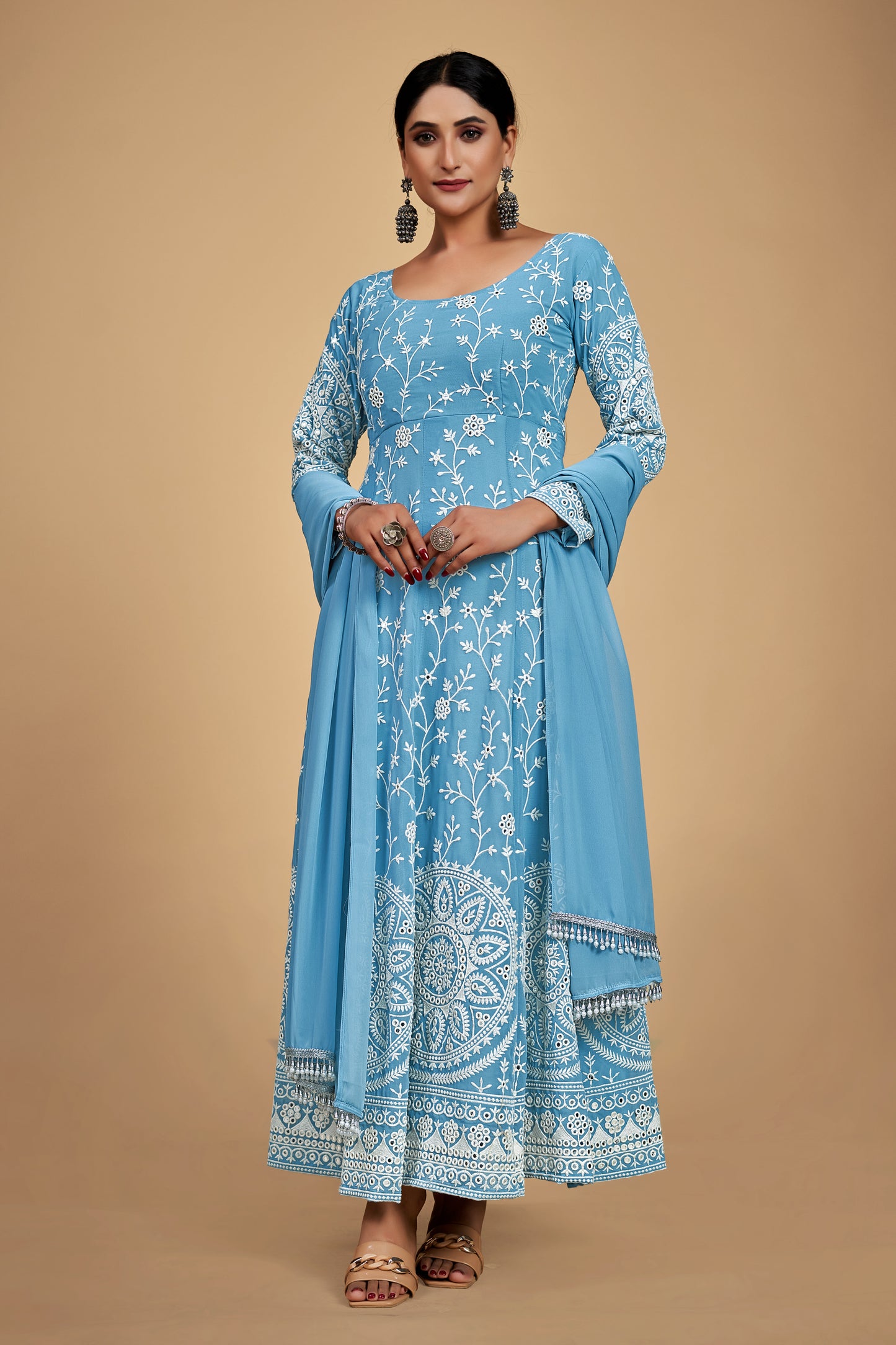Sky Blue Elegant Georgette Embroidered Anarkali Pant Suit
