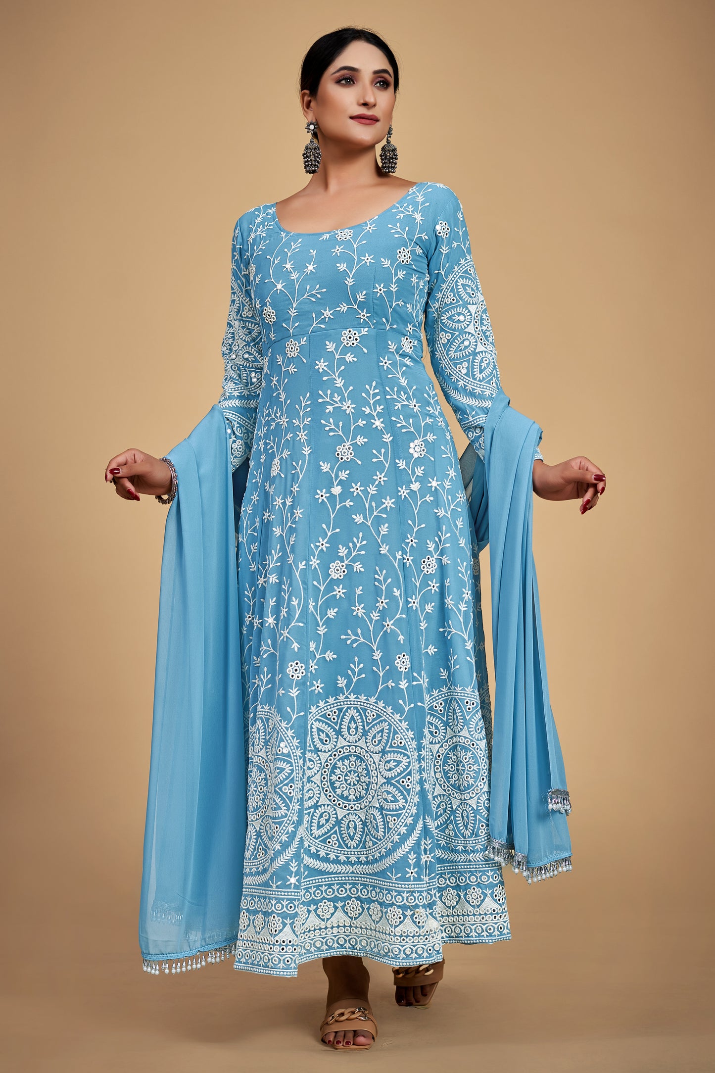 Sky Blue Elegant Georgette Embroidered Anarkali Pant Suit