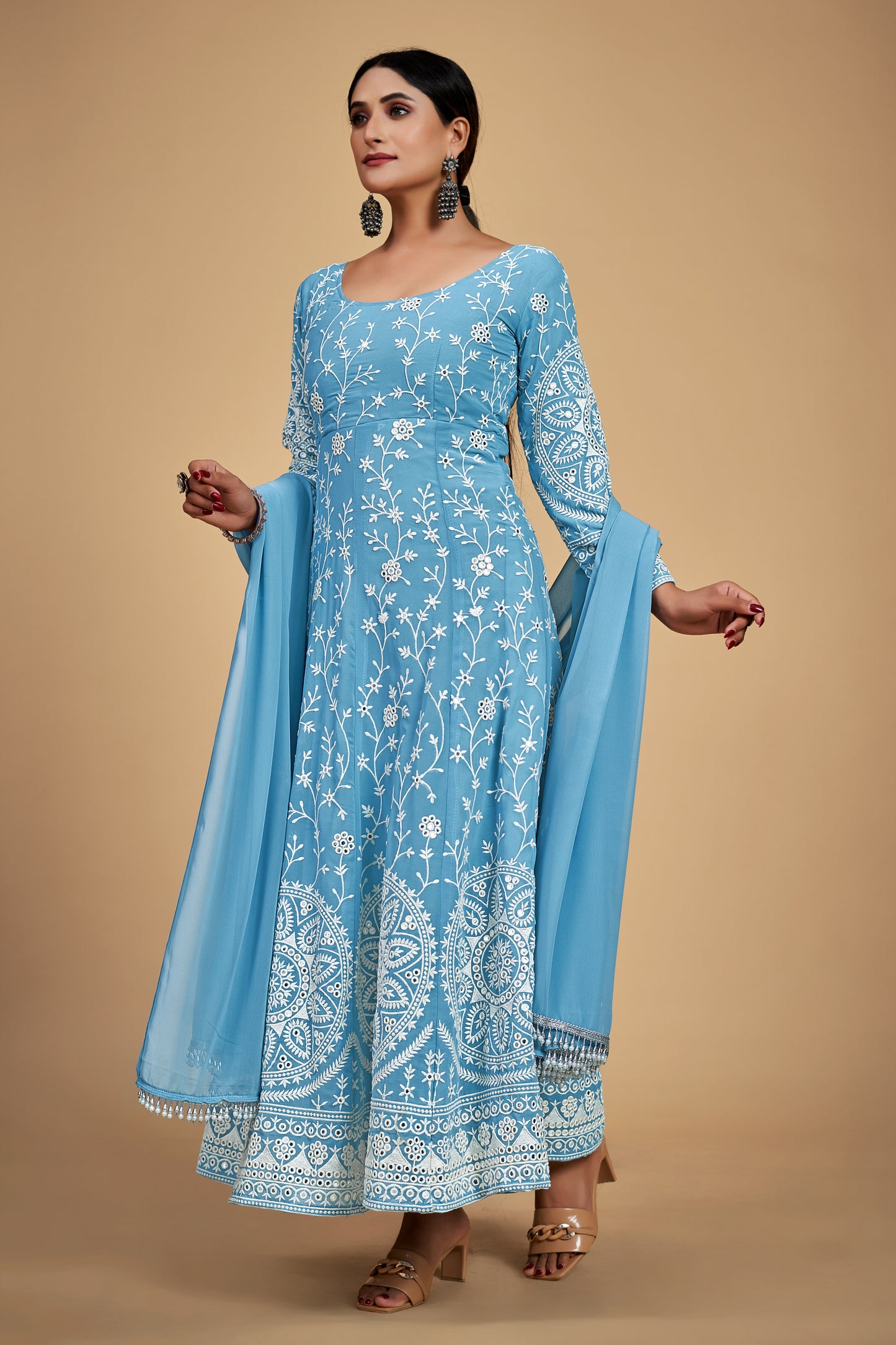 Sky Blue Elegant Georgette Embroidered Anarkali Pant Suit