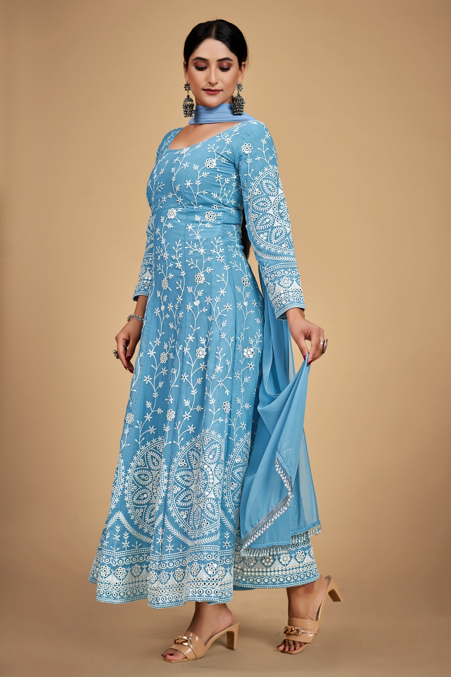 Sky Blue Elegant Georgette Embroidered Anarkali Pant Suit