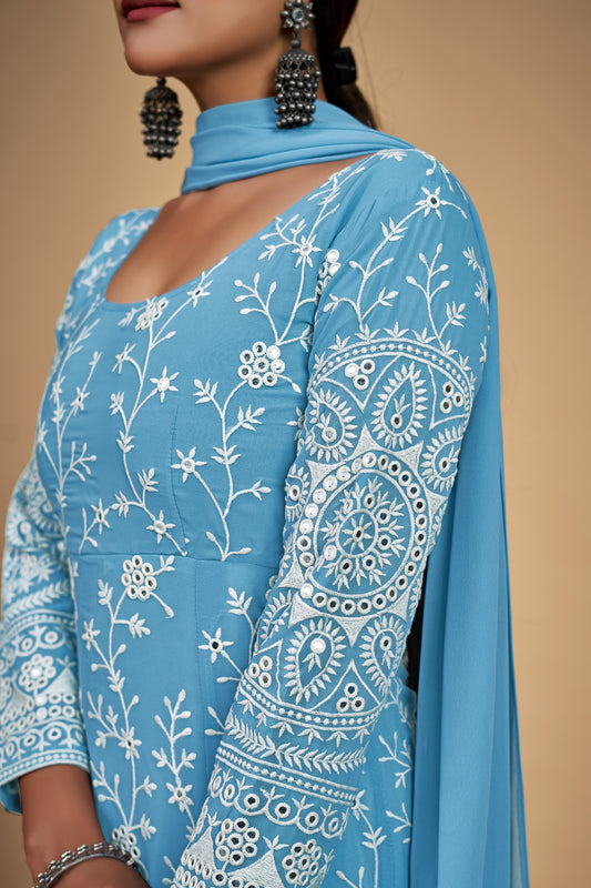 Sky Blue Elegant Georgette Embroidered Anarkali Pant Suit