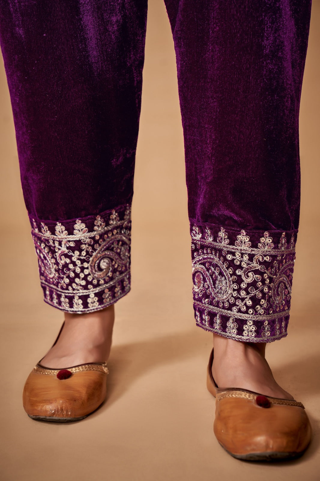 Royal Wine Viscose Velvet Embroidered Anarkali Pant Suit