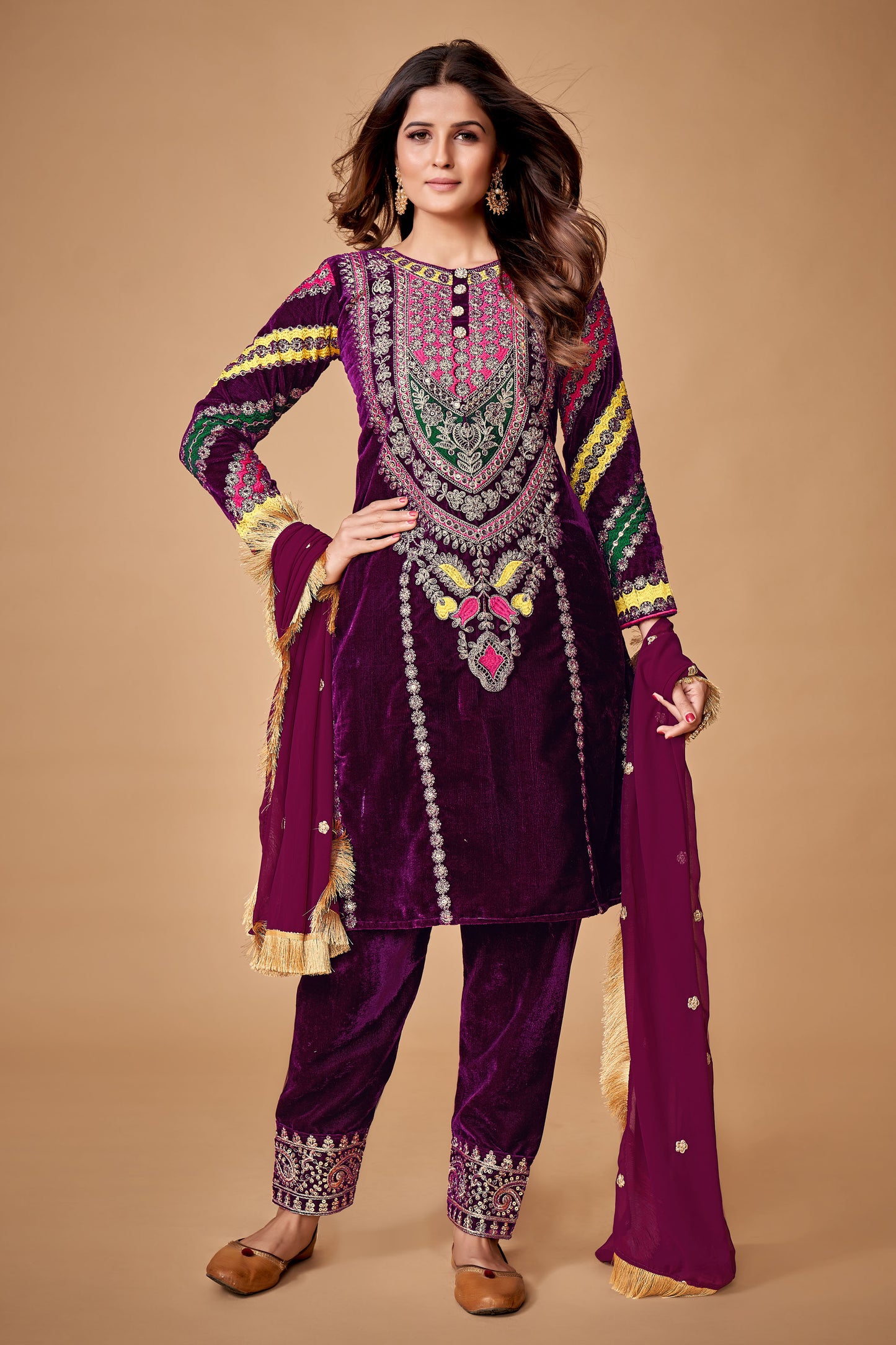 Royal Wine Viscose Velvet Embroidered Anarkali Pant Suit
