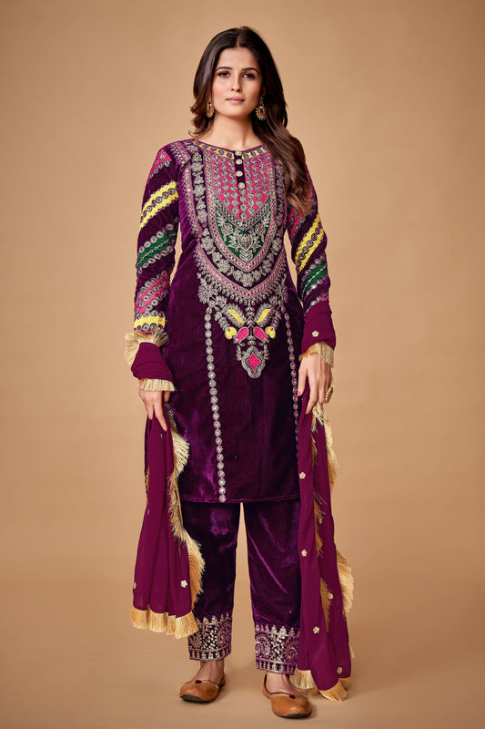 Royal Wine Viscose Velvet Embroidered Anarkali Pant Suit