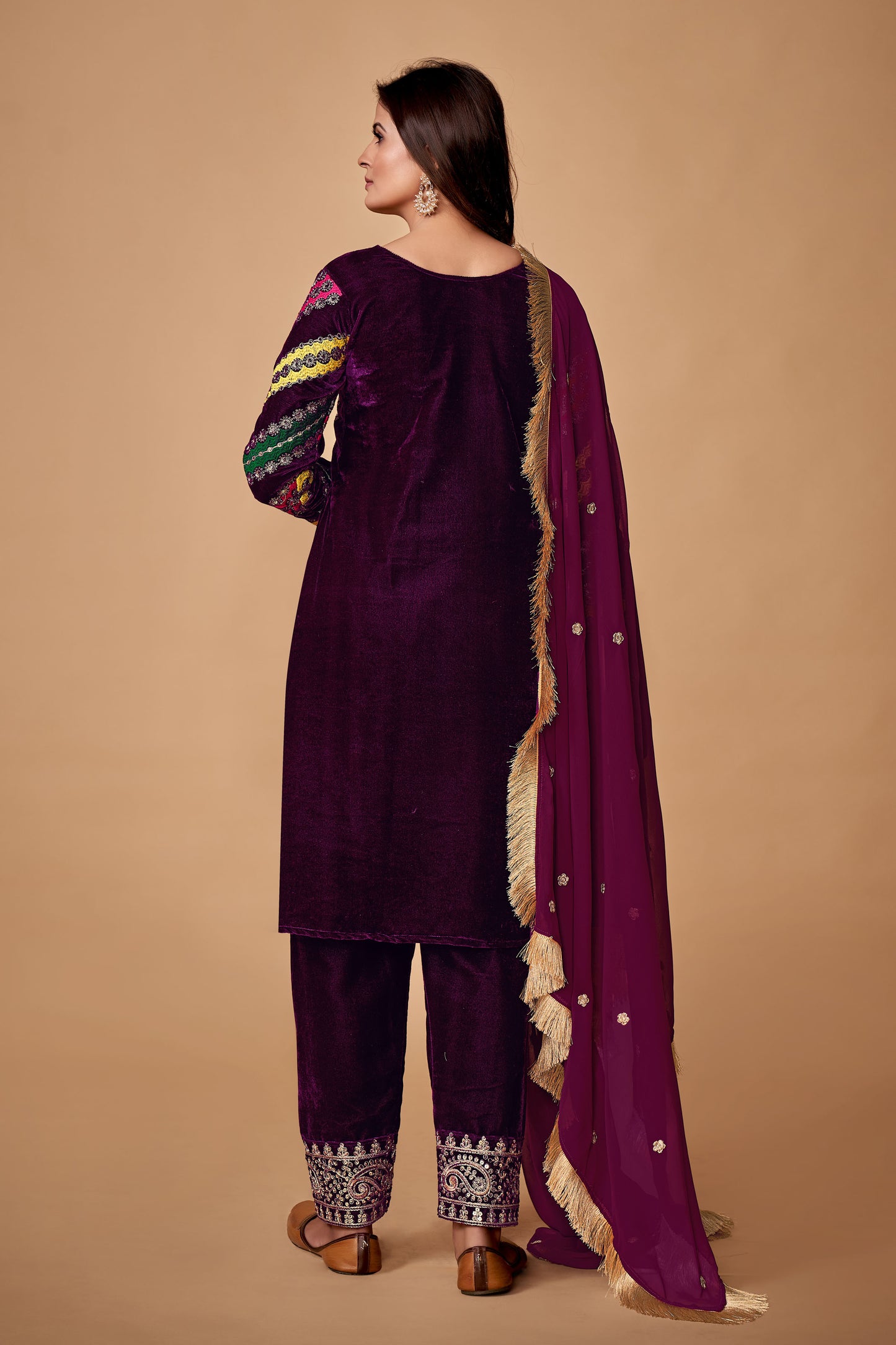 Royal Wine Viscose Velvet Embroidered Anarkali Pant Suit