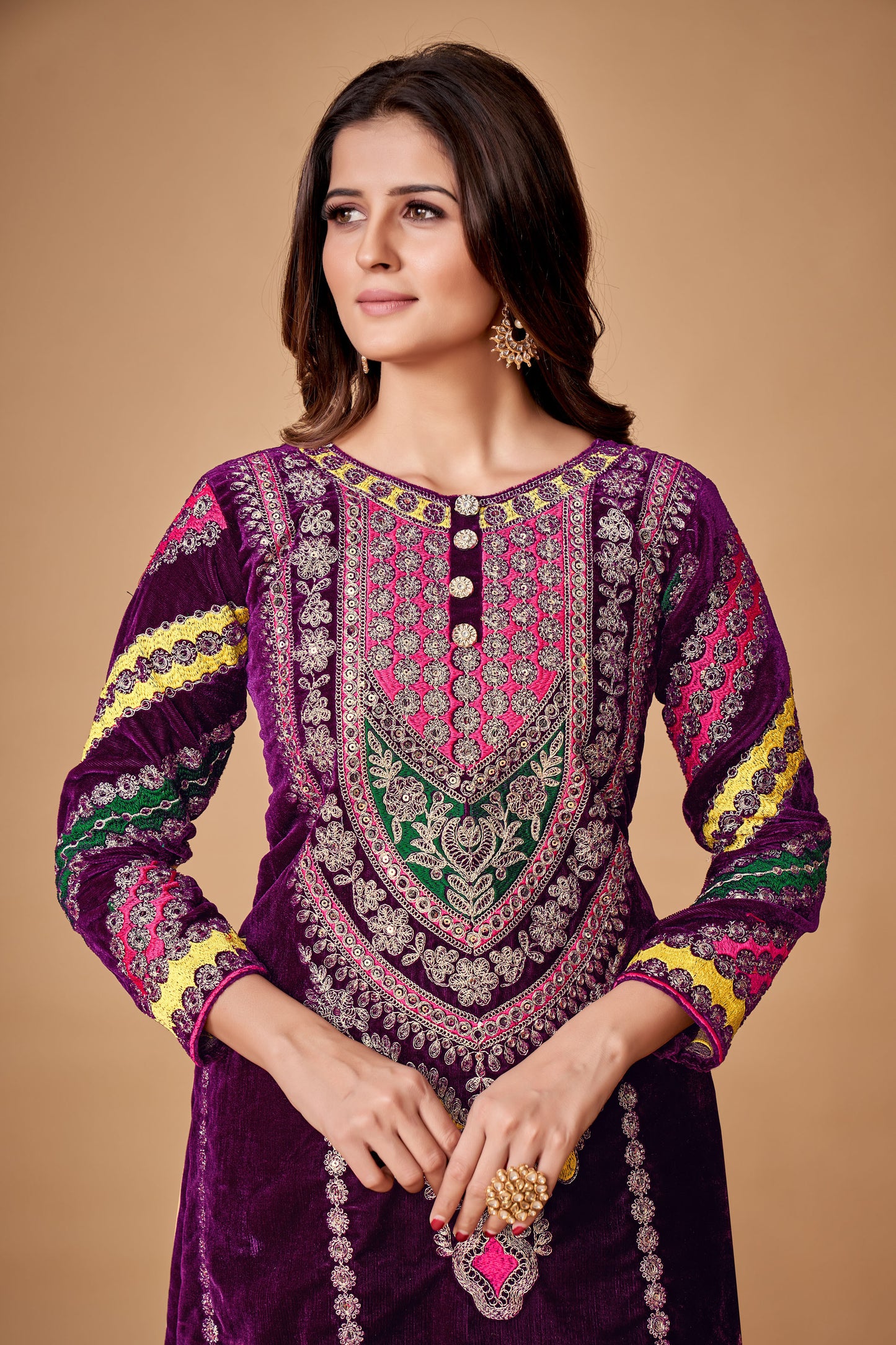 Royal Wine Viscose Velvet Embroidered Anarkali Pant Suit