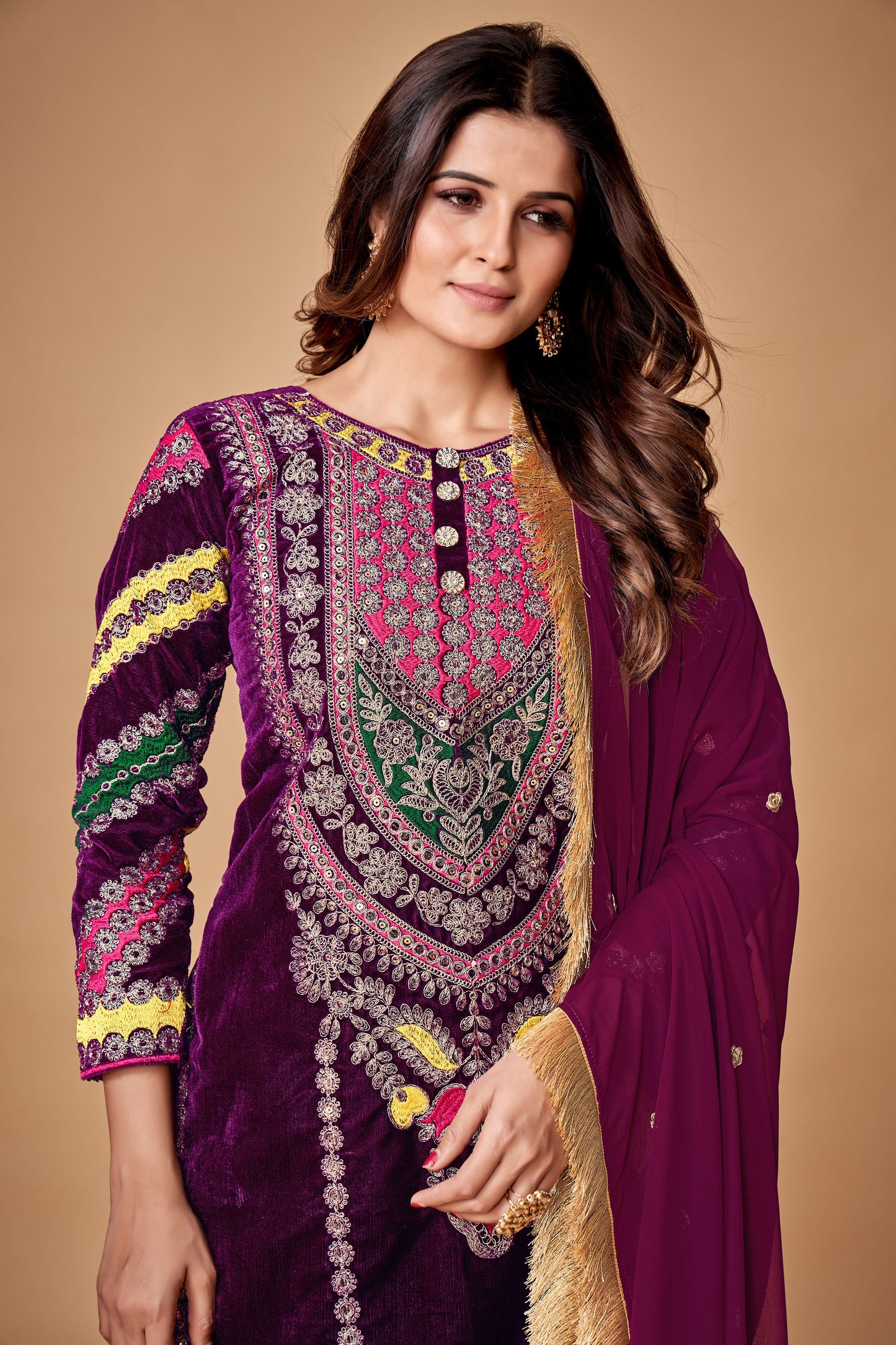 Royal Wine Viscose Velvet Embroidered Anarkali Pant Suit
