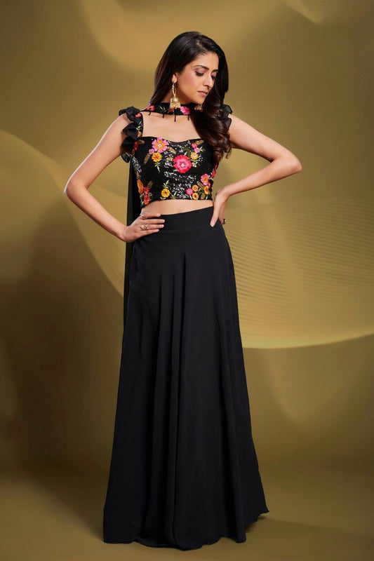 Elegant Black Georgette Lehenga Set - Fully Stitched & Ready to Wear