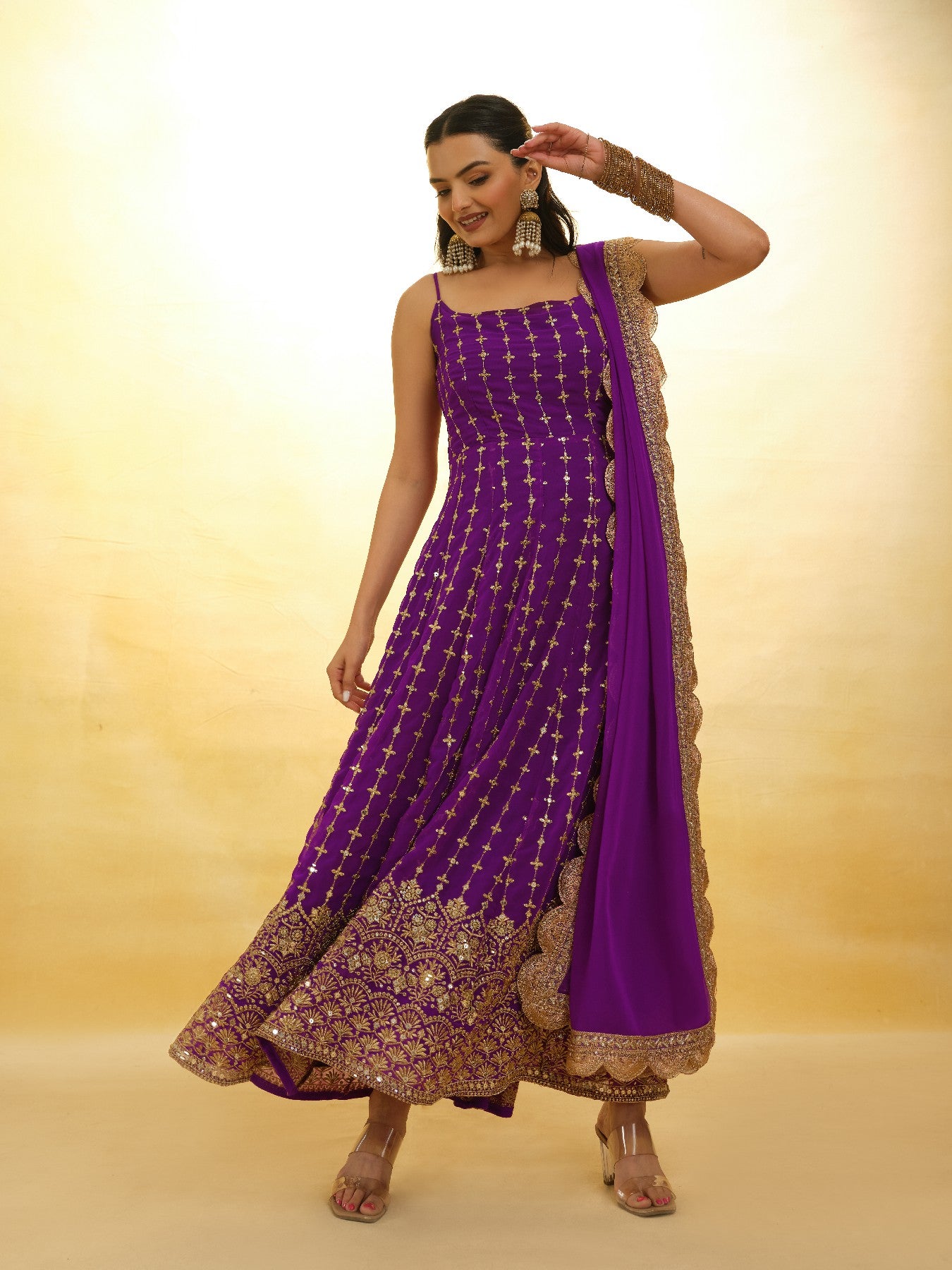 Elegant Wine Georgette Embroidered Anarkali Pant Suit