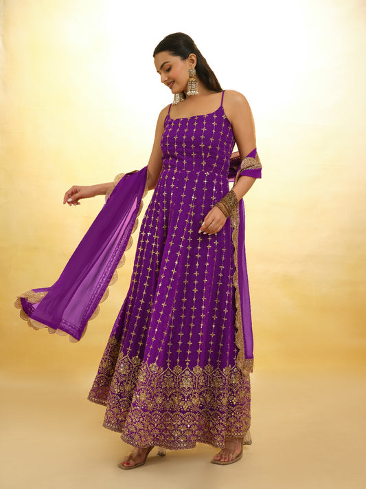 Elegant Wine Georgette Embroidered Anarkali Pant Suit