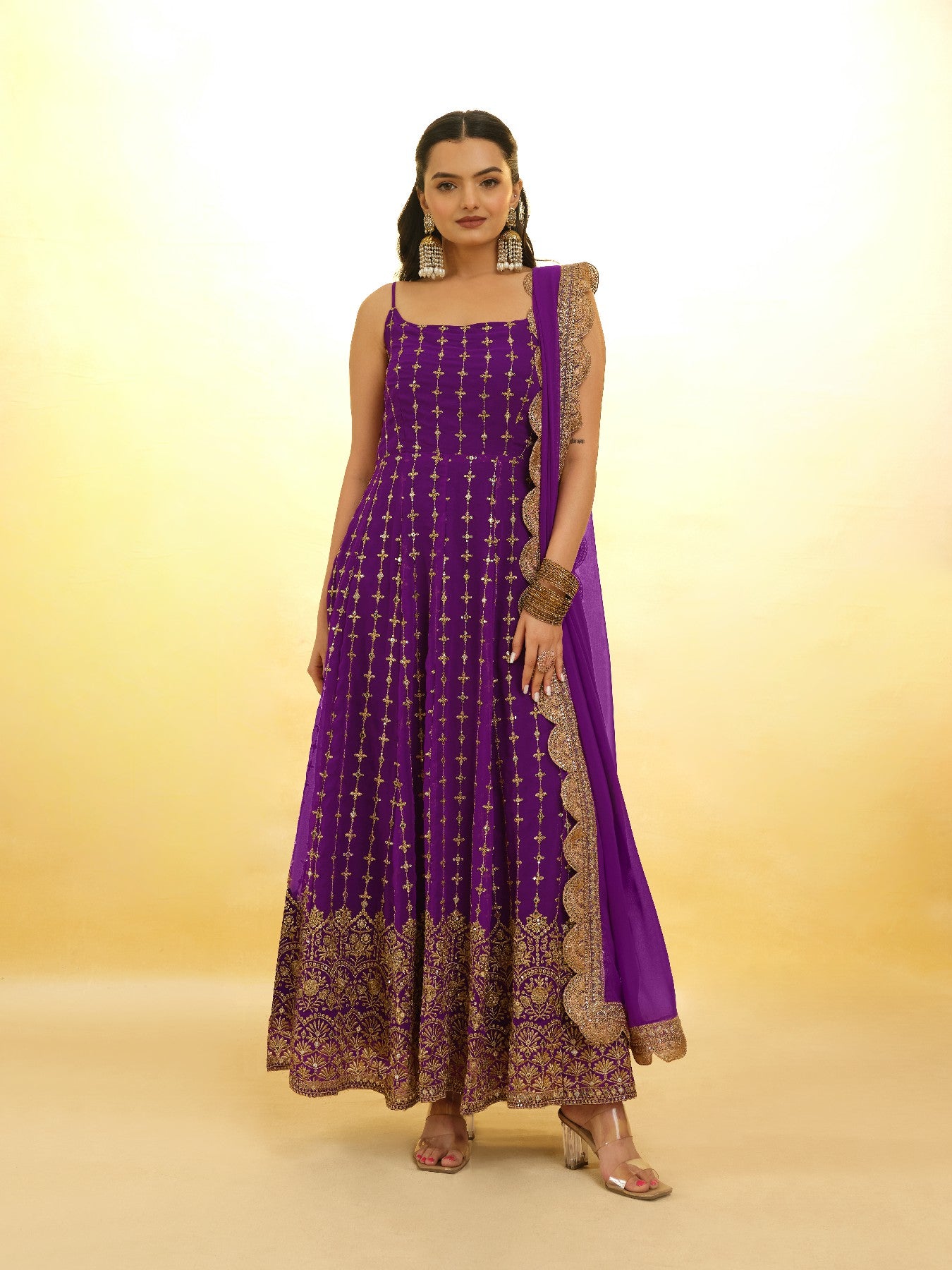 Elegant Wine Georgette Embroidered Anarkali Pant Suit