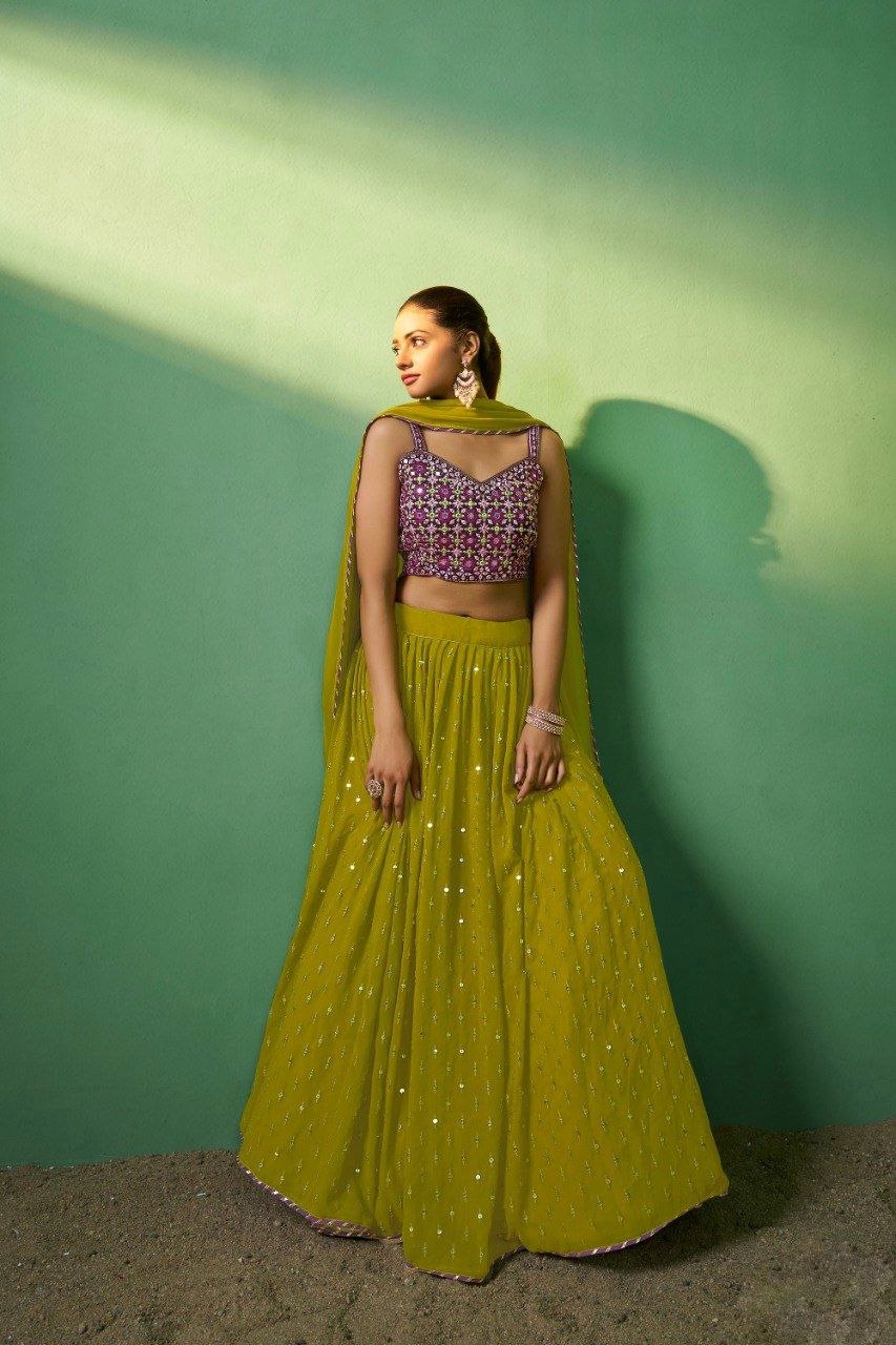 Graceful Mehendi Green Georgette Embroidered Lehenga Set