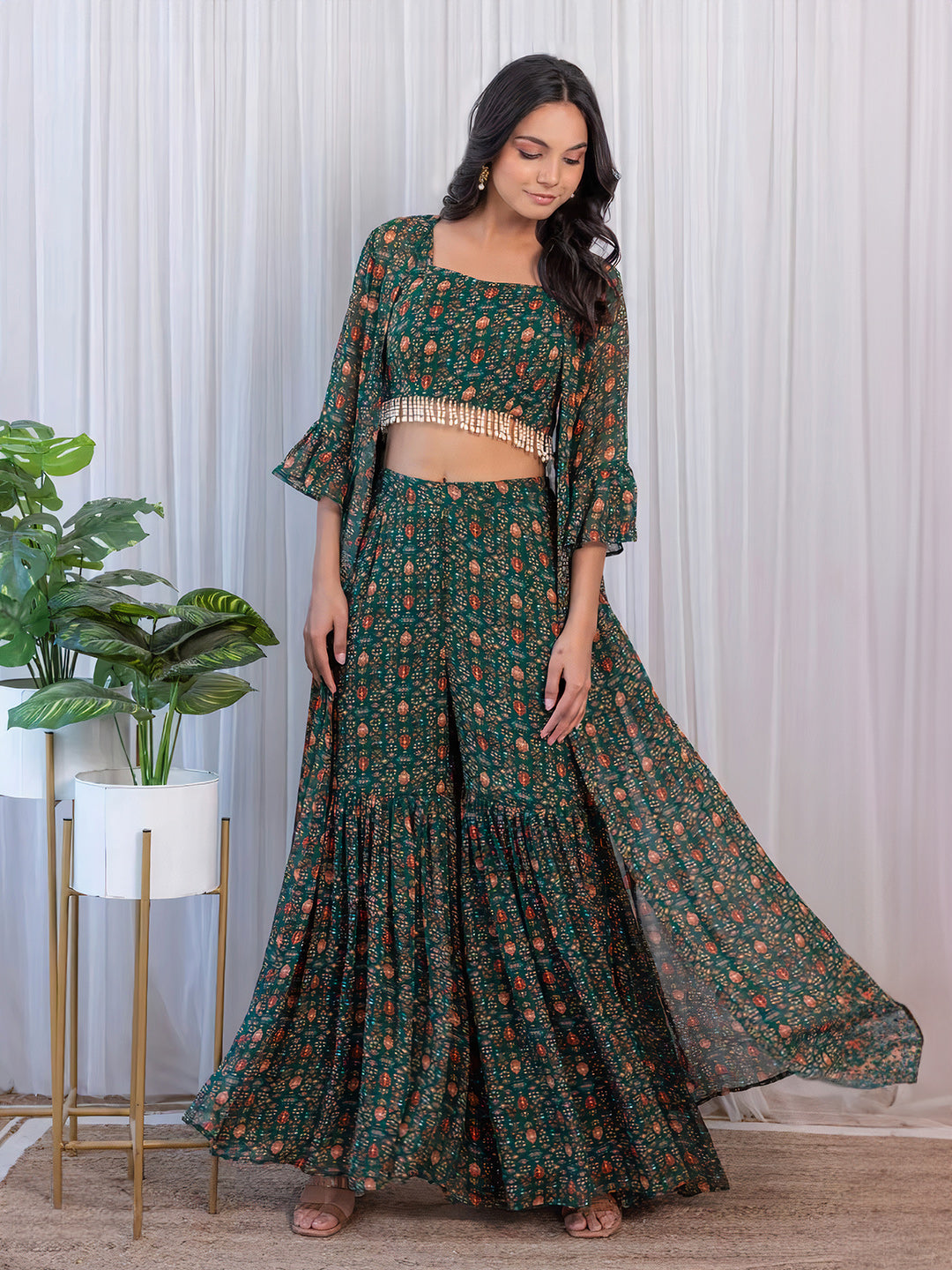 Elegant Green Georgette Top Sharara Suit With Jacket