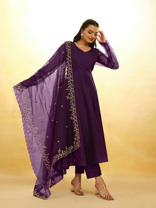 Graceful Purple Organza Anarkali Pant Suit with Dupatta