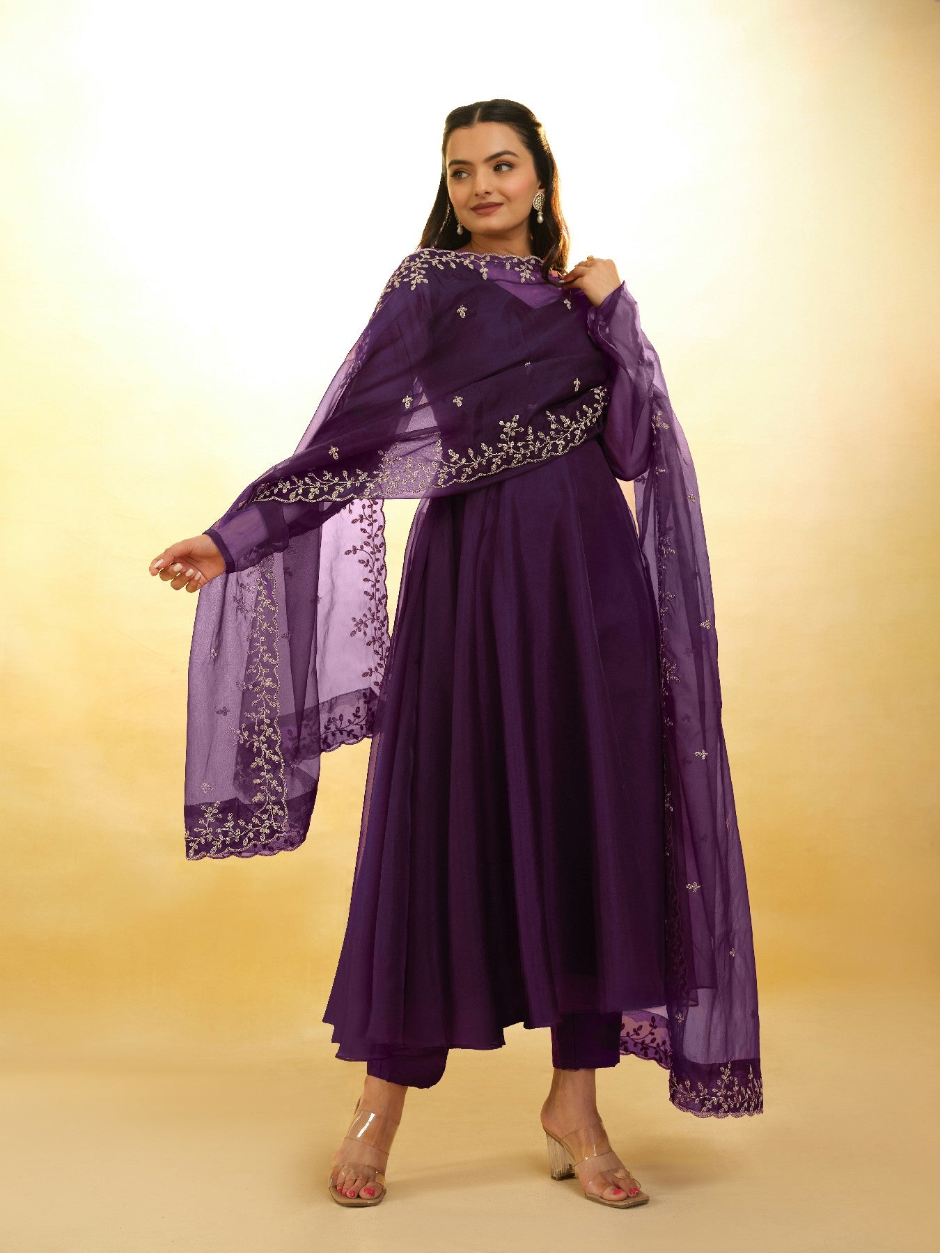 Graceful Purple Organza Anarkali Pant Suit with Dupatta