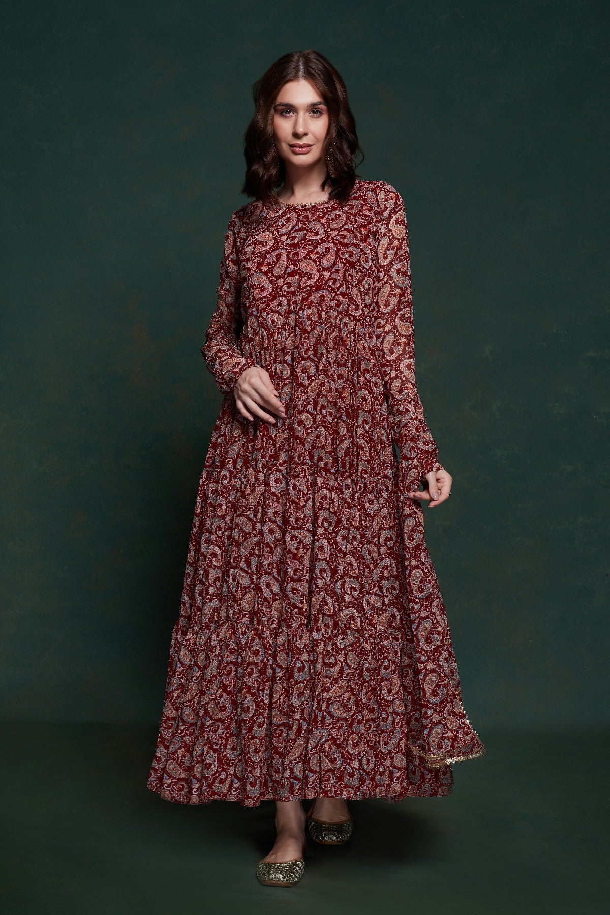 Maroon Kalamkari Printed Georgette Gown With Dupatta