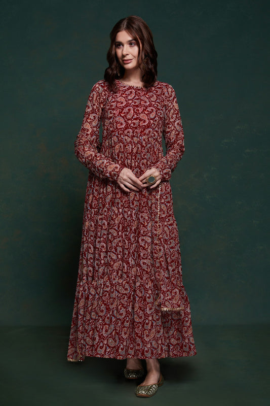 Maroon Kalamkari Printed Georgette Gown With Dupatta