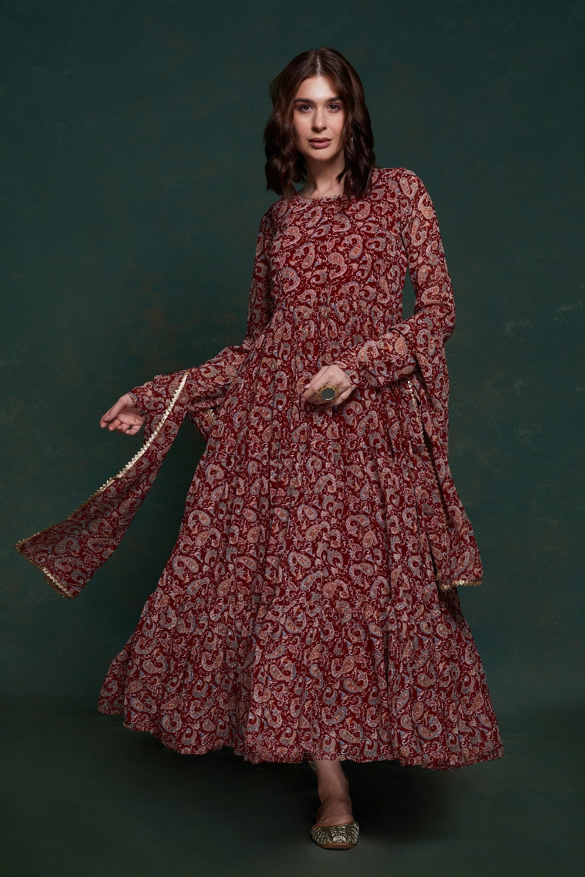 Maroon Kalamkari Printed Georgette Gown With Dupatta