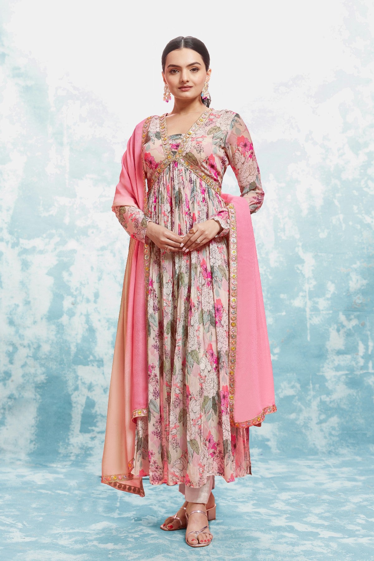 Elegant Floral Printed Georgette Anarkali Pant Suit