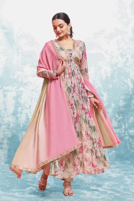 Elegant Floral Printed Georgette Anarkali Pant Suit