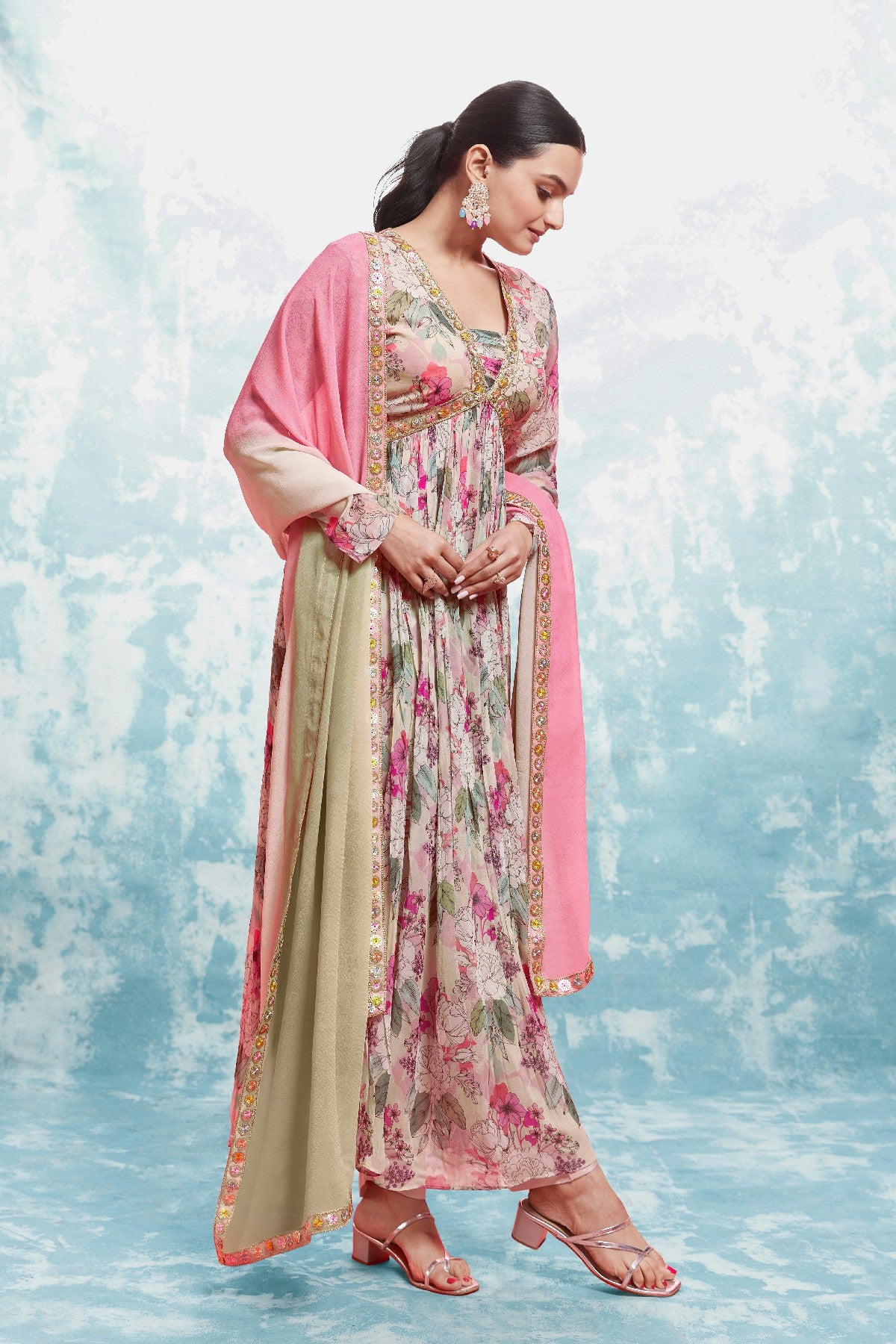 Elegant Floral Printed Georgette Anarkali Pant Suit