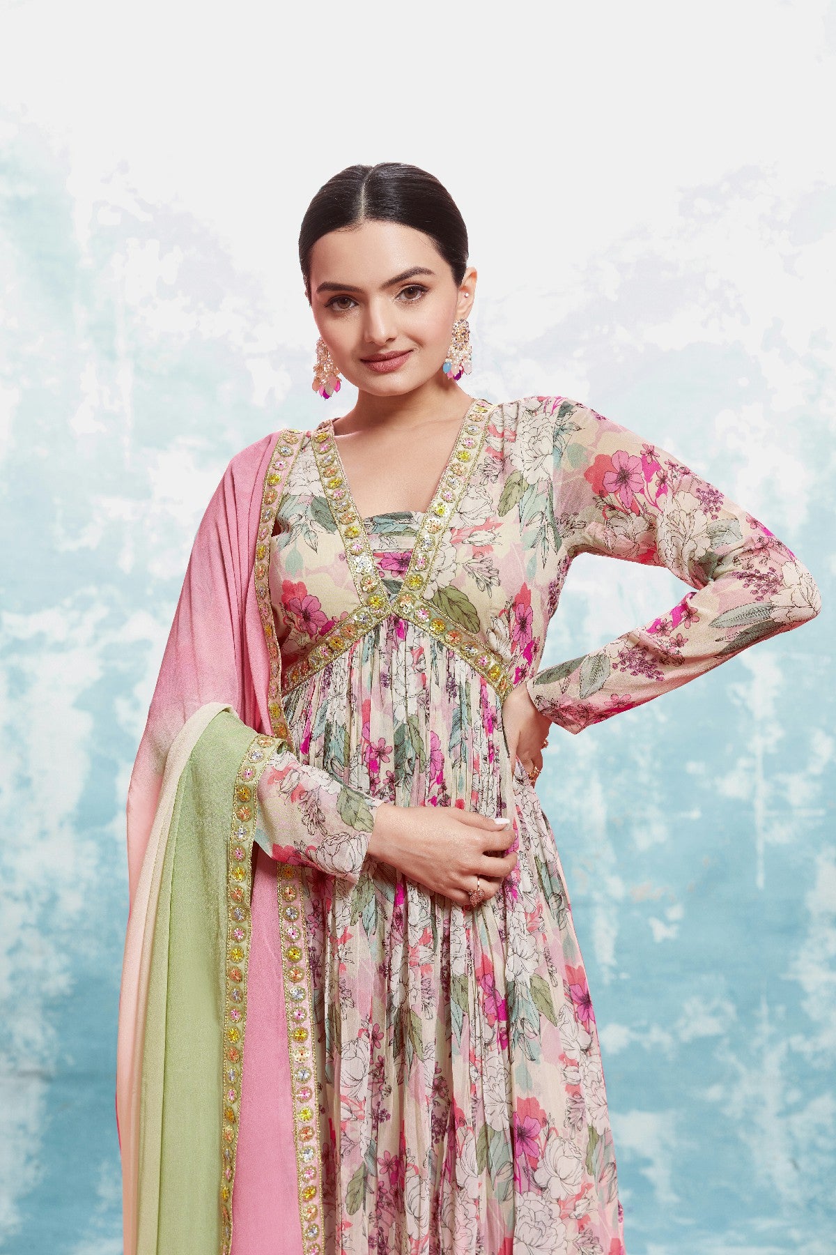Elegant Floral Printed Georgette Anarkali Pant Suit