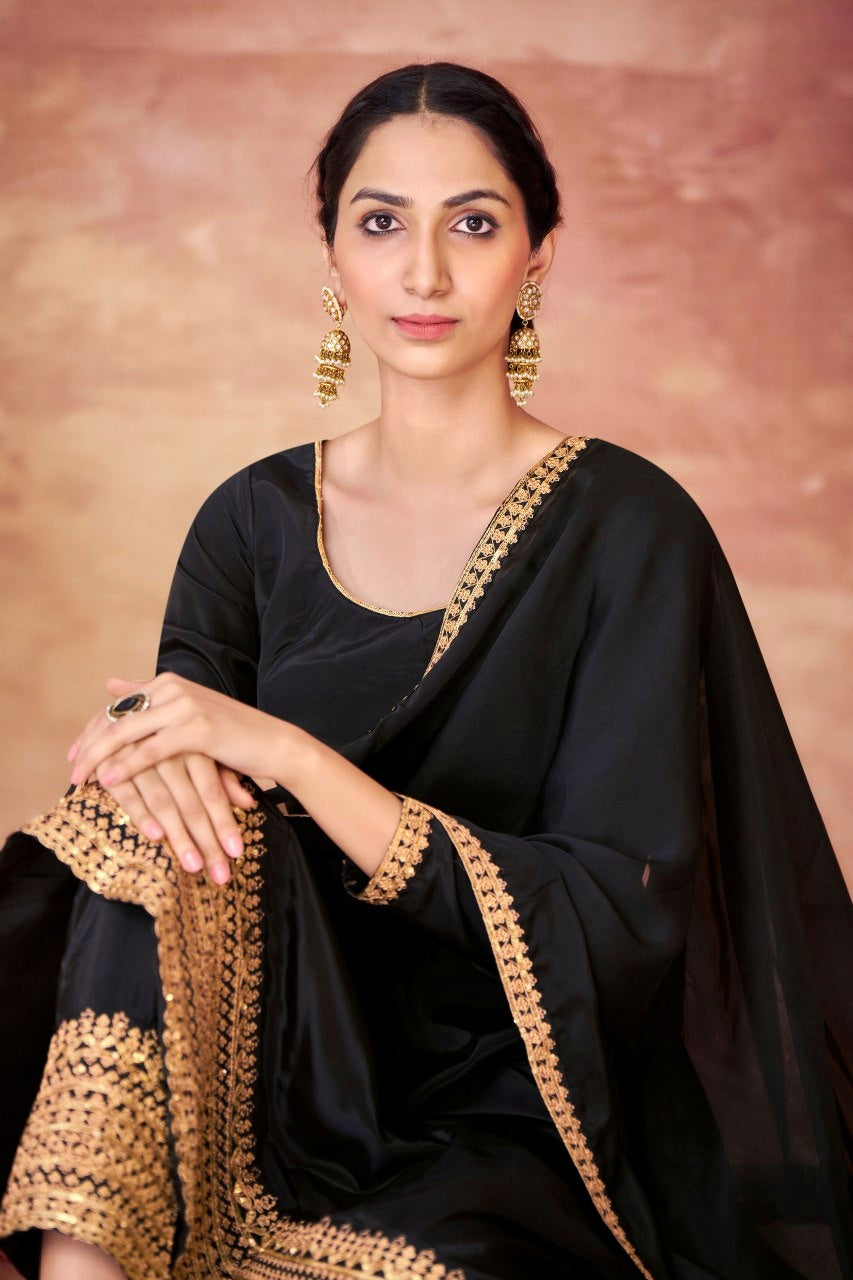 Black Chic Crepe Embroidered Anarkali Pant Suit