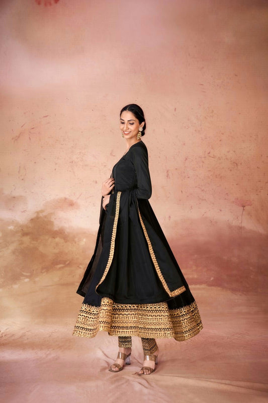 Black Chic Crepe Embroidered Anarkali Pant Suit