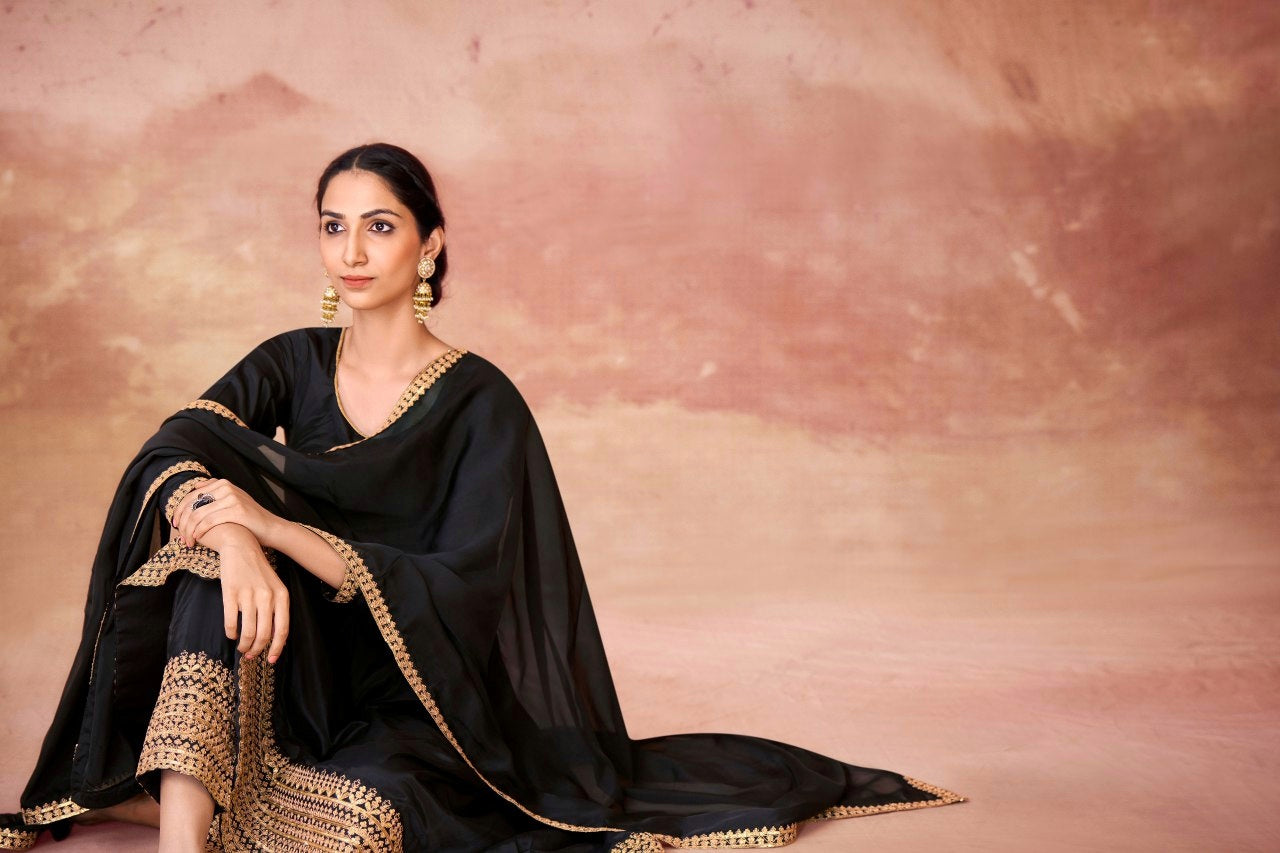 Black Chic Crepe Embroidered Anarkali Pant Suit