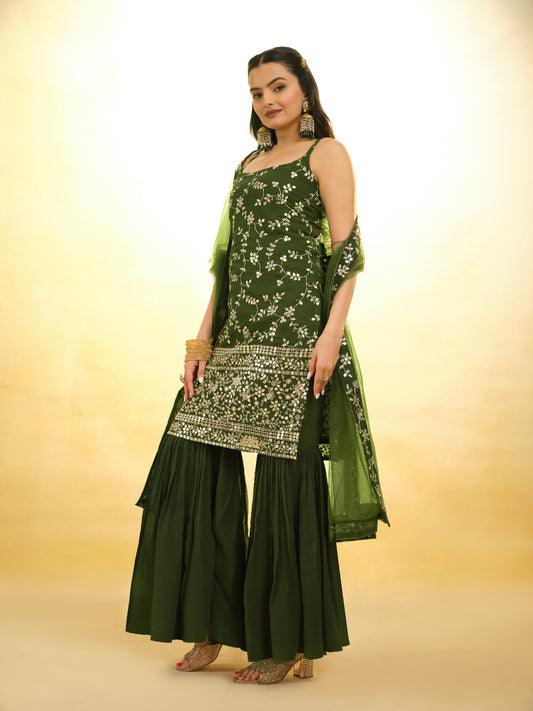 Green Graceful Georgette Sequins Worked Top Sharara Suit