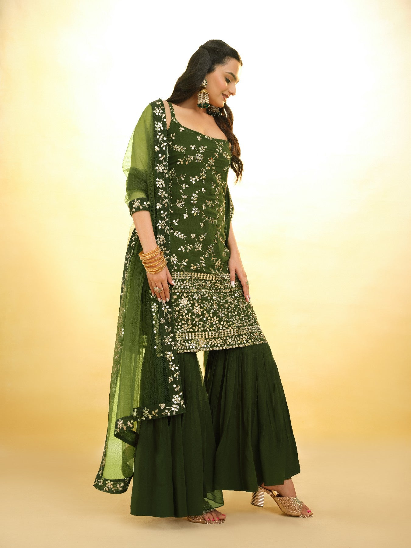 Green Graceful Georgette Sequins Worked Top Sharara Suit