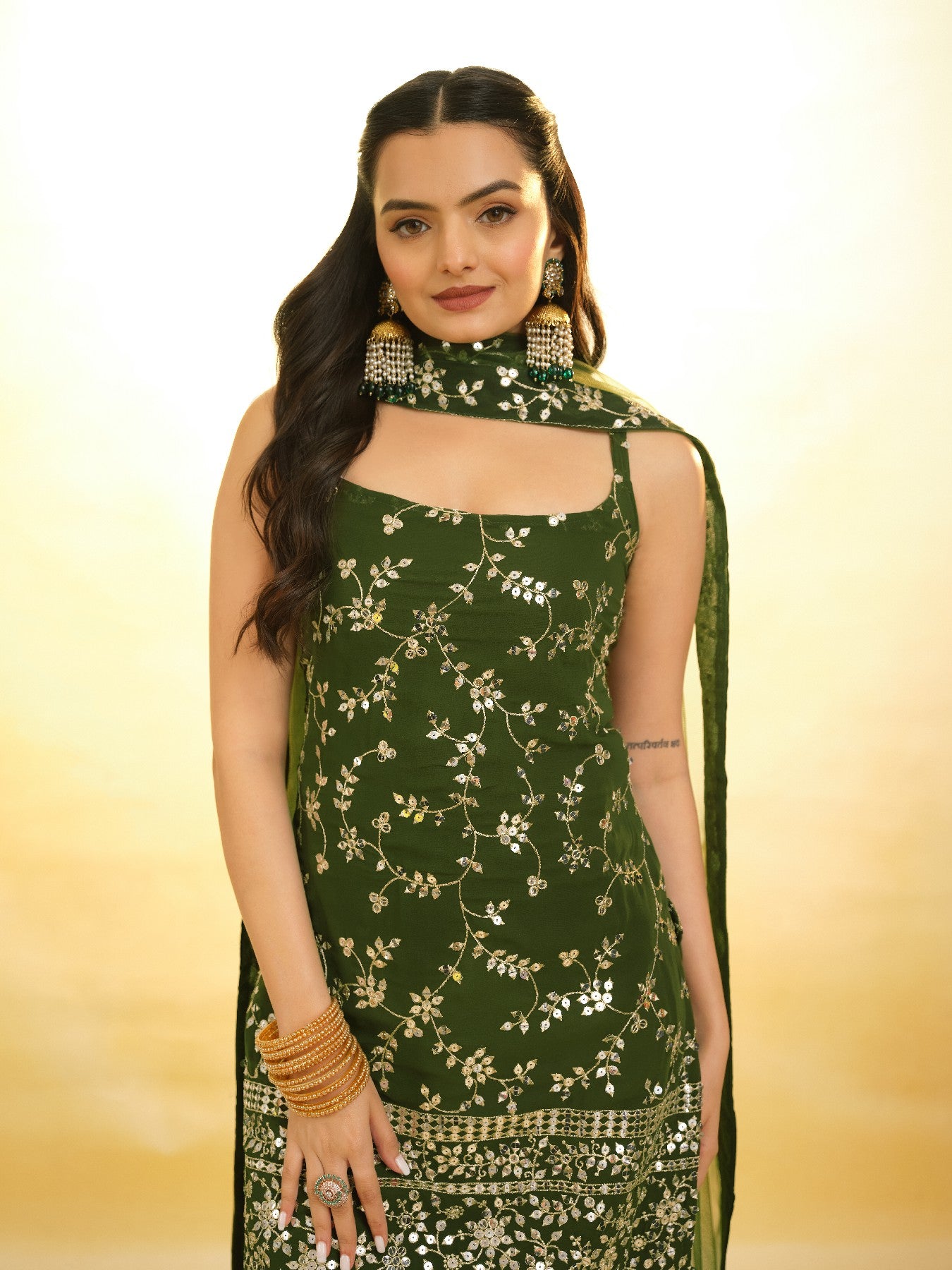 Green Graceful Georgette Sequins Worked Top Sharara Suit