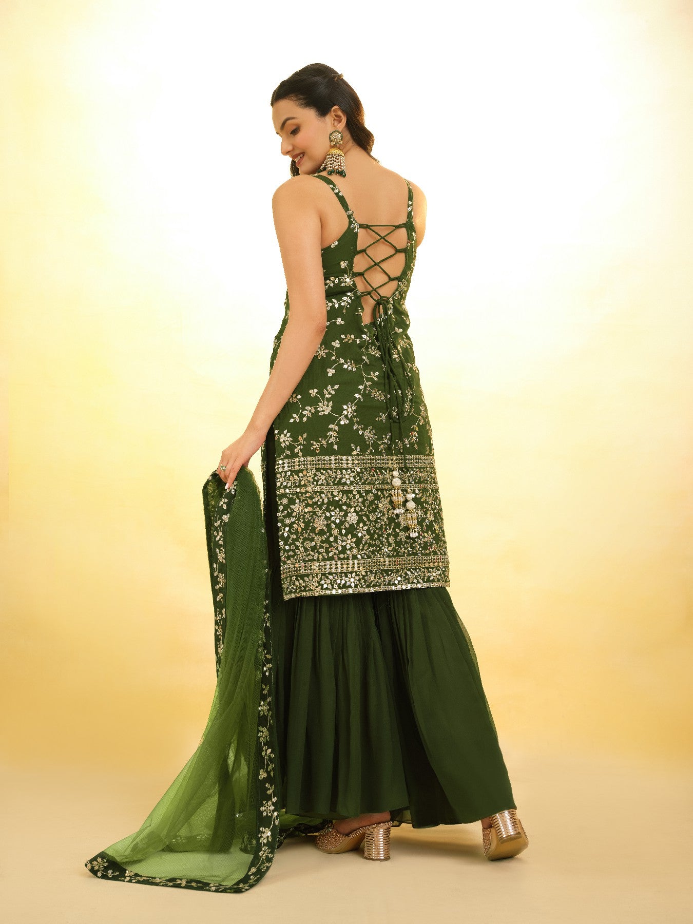 Green Graceful Georgette Sequins Worked Top Sharara Suit