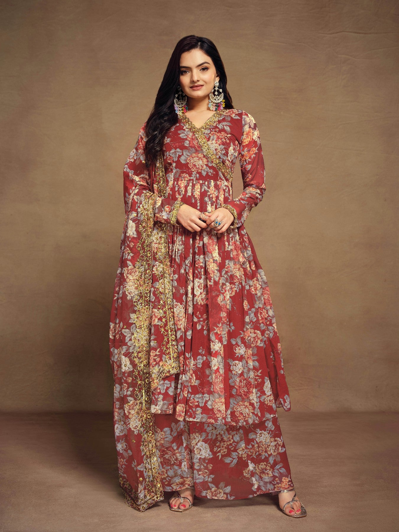 Maroon Zari Embroidered Floral Printed Chiffon Top Palazzo Suit