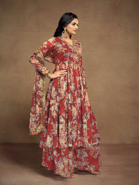 Maroon Zari Embroidered Floral Printed Chiffon Top Palazzo Suit