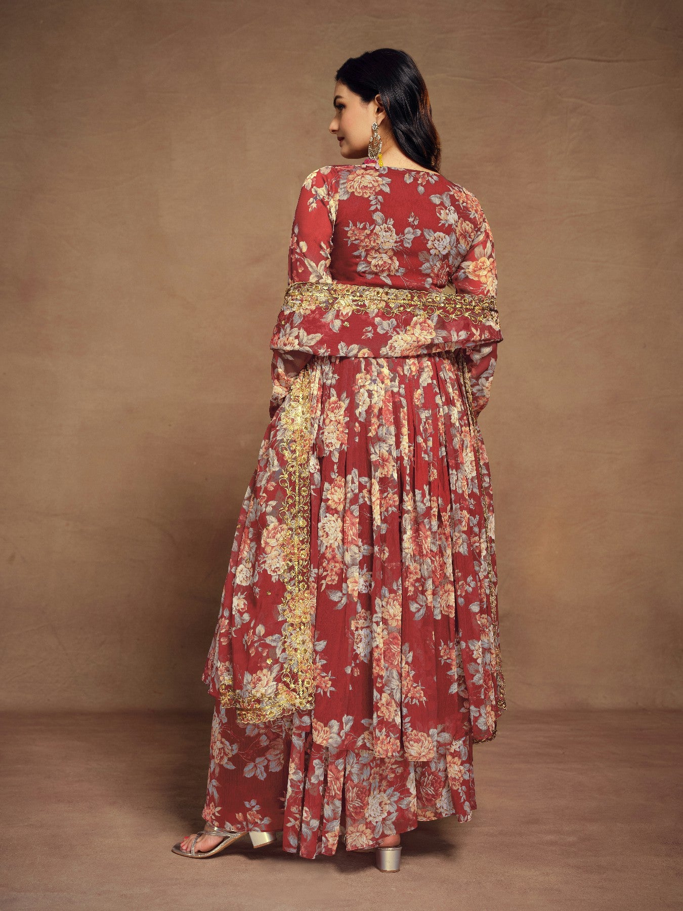 Maroon Zari Embroidered Floral Printed Chiffon Top Palazzo Suit