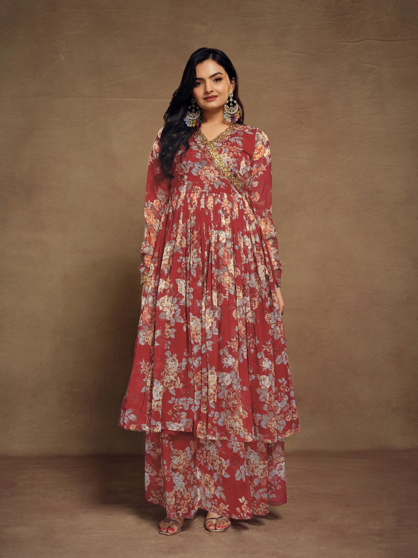 Maroon Zari Embroidered Floral Printed Chiffon Top Palazzo Suit
