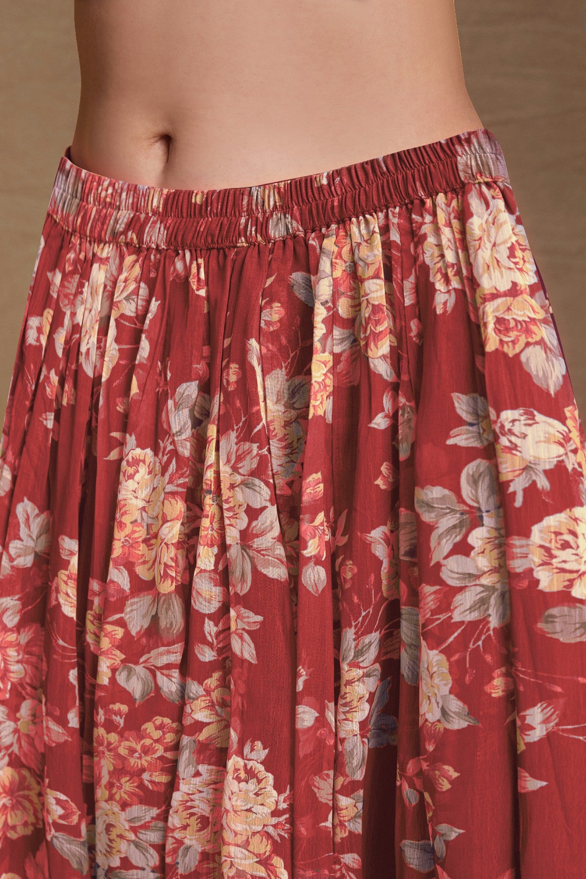 Maroon Zari Embroidered Floral Printed Chiffon Top Palazzo Suit