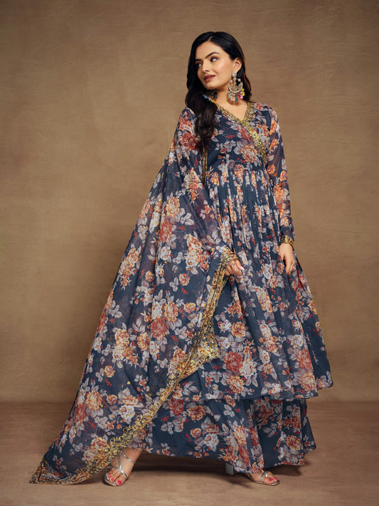 Elegant Navy Blue Zari Embroidered Floral Chiffon Top Palazzo Suit