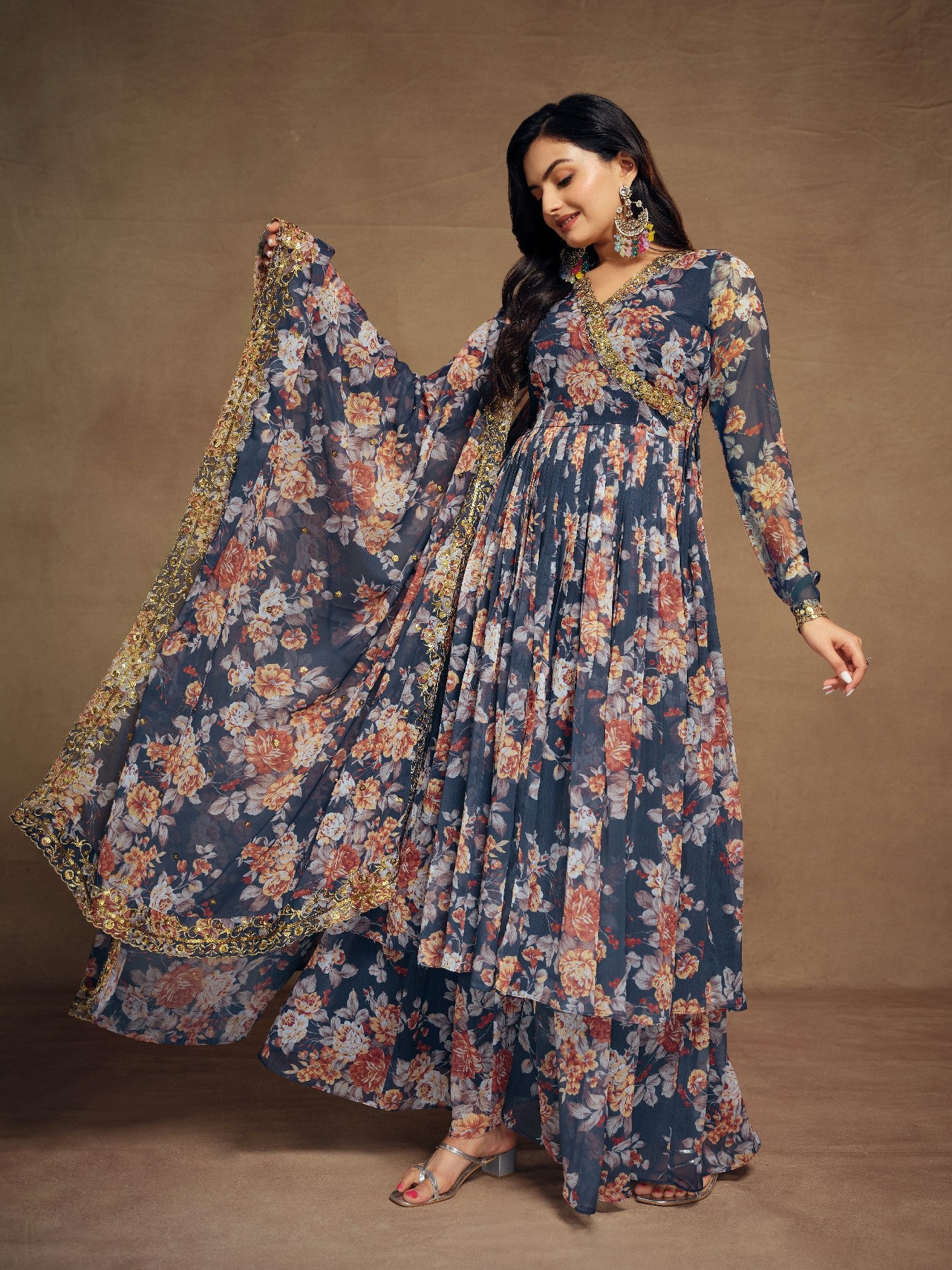 Elegant Navy Blue Zari Embroidered Floral Chiffon Top Palazzo Suit