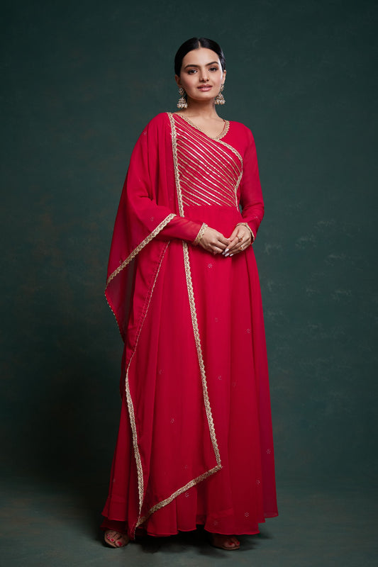 Red Elegant Gota Patti Worked Georgette Gown With Dupatta