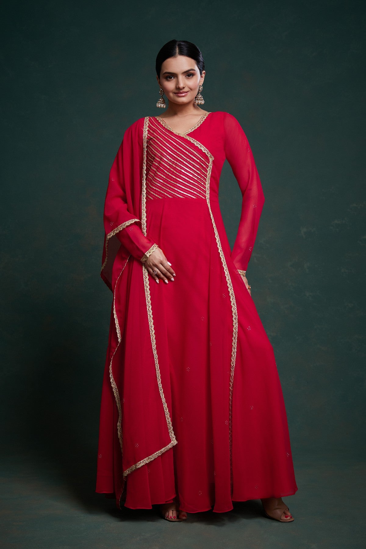 Red Elegant Gota Patti Worked Georgette Gown With Dupatta