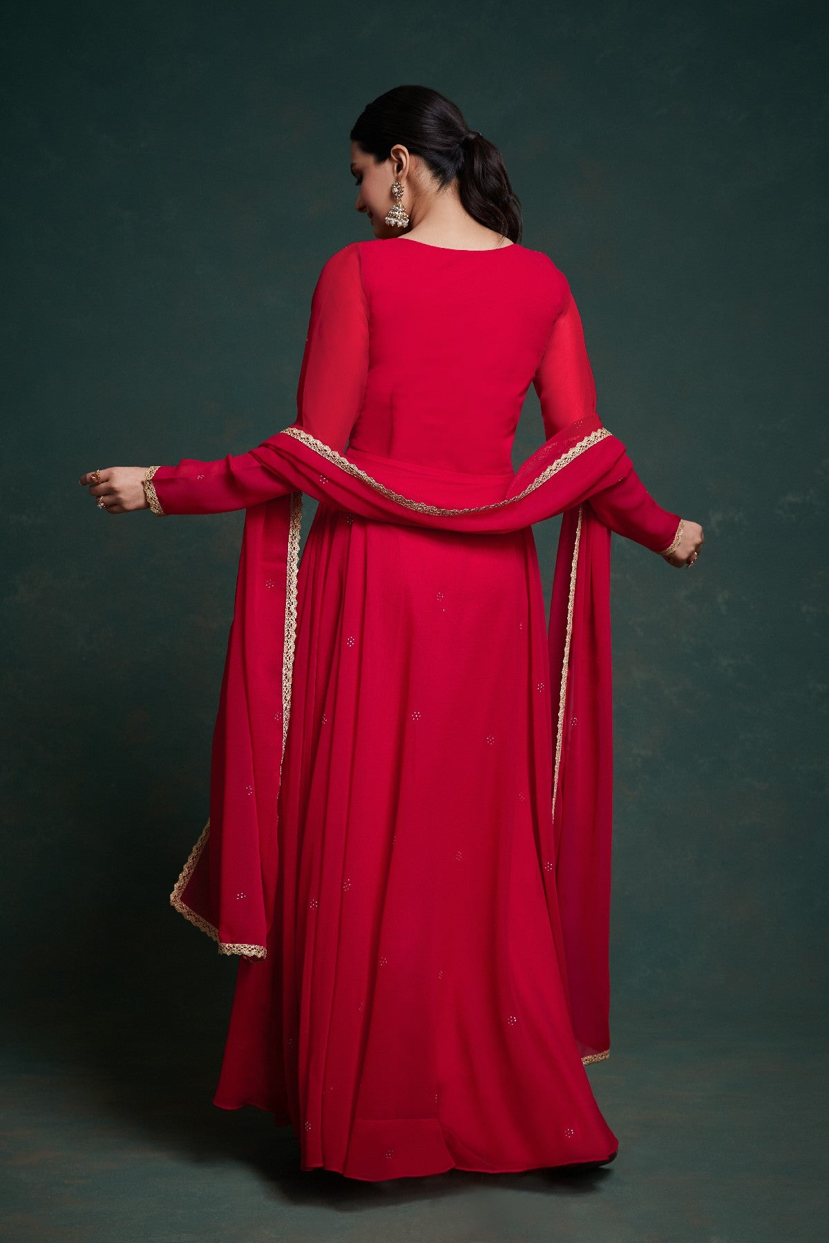 Red Elegant Gota Patti Worked Georgette Gown With Dupatta